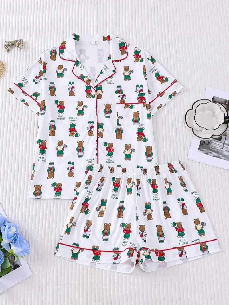 2-piece women's pajama set, Pyjama set, features bear print striped short-sleeved top with small pockets, offering comfort, softness, smooth skin-friendly feel, elastic waistband makes it suitable for all seasons, perfect for casual loungewear