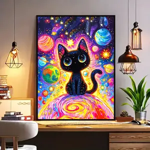 DIY Diamond Painting Set Planet Cat Art Cartoon Picture Diamond Embroidery Mosaic Art Cross Stitch Set Home Wall Decoration 30x40cm/11.81x15.75inch Hand Embroidered Hand Stitched