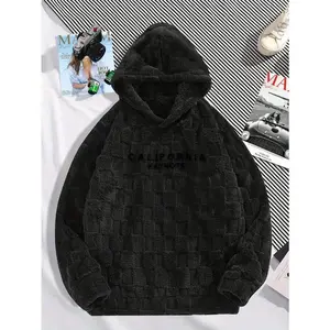 California Keynote unisex loose fashion felt hoodie — ideal for gifts; embroidered loose plaid fleece hoodie for men; men’s winter hoodie for daily outings; plush.