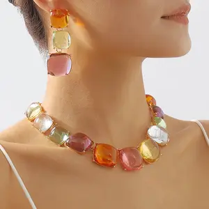 ChicMe Women's 2PCS Jewellery Set Boho Geometric Colorful Crystal Jelly Necklace and Earrings