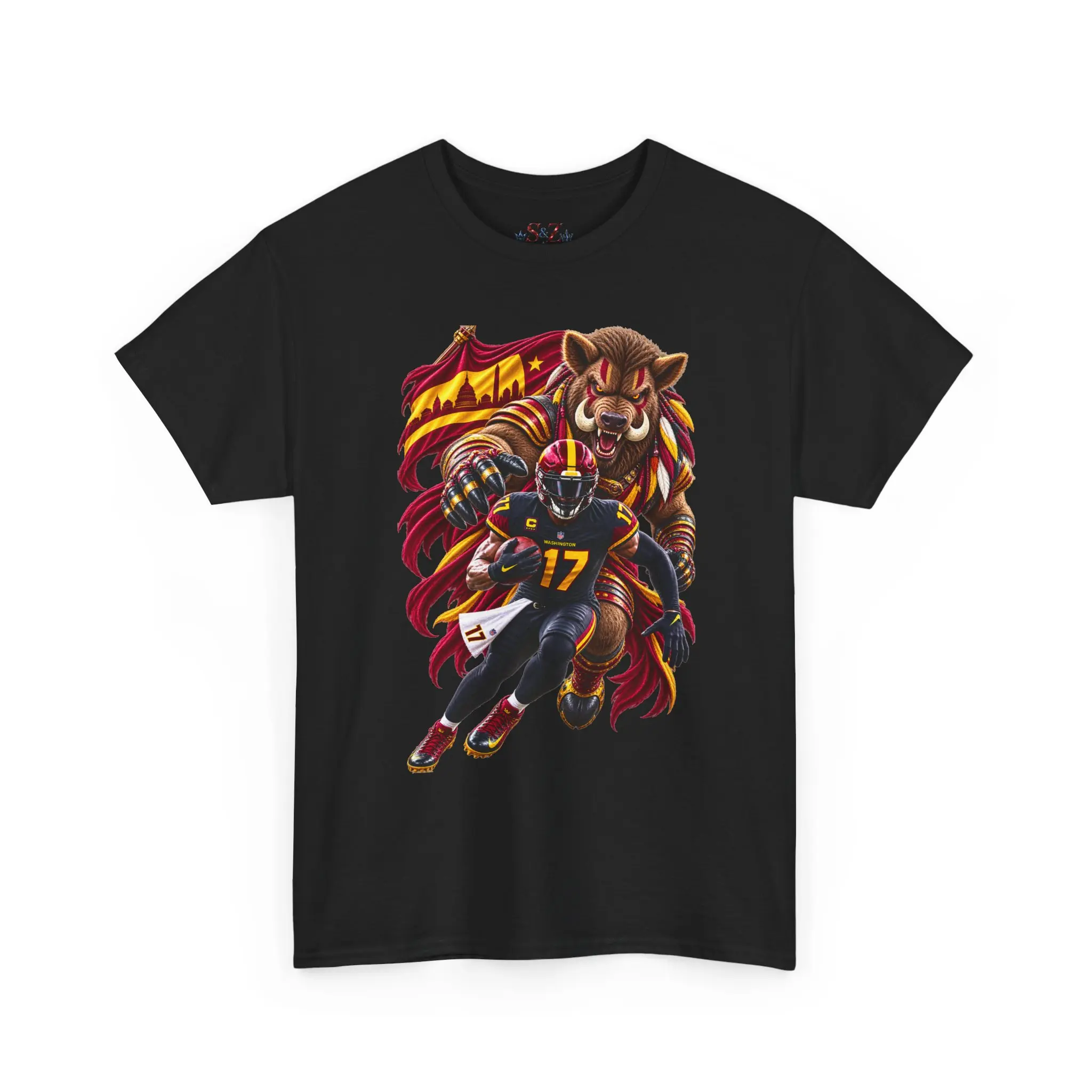 Men's Washington Commanders Football Player Graphic Print Knit Cotton Fabric Menswear T-Shirt - Classic, Relaxed Fit, Breathable, Sleeved, Vintage Skyline, Helmet, Number 28