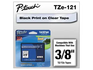 TZe121 9mm (0.35") Black on Clear tape for P-Touch labelers (TZ machines)