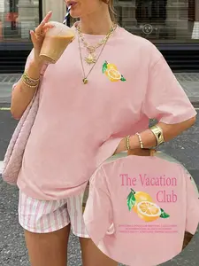 Women's Lemon Pattern Vacation Club Print Half Sleeve Loose Fit T-Shirt, Casual Round Neck Top, Daily Wear, Back to School, All Seasons