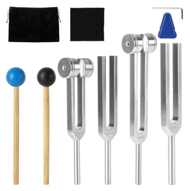 128hz, 256hz, 512hz, 528hz Tuning Fork Set with Reflective Hammer, Weighted and Unweighted Aluminum Forks, Meditation Storage Bag, Modern Home