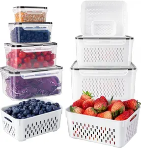 6 Pack Fruit Storage Containers for Fridge with Removable Colanders, 4 in 1 Produce Storage Containers with Lids, Leakproof Fridge Organizer Bins Keep Berry,Vegetable, Fruit, Meat Fresh Longer