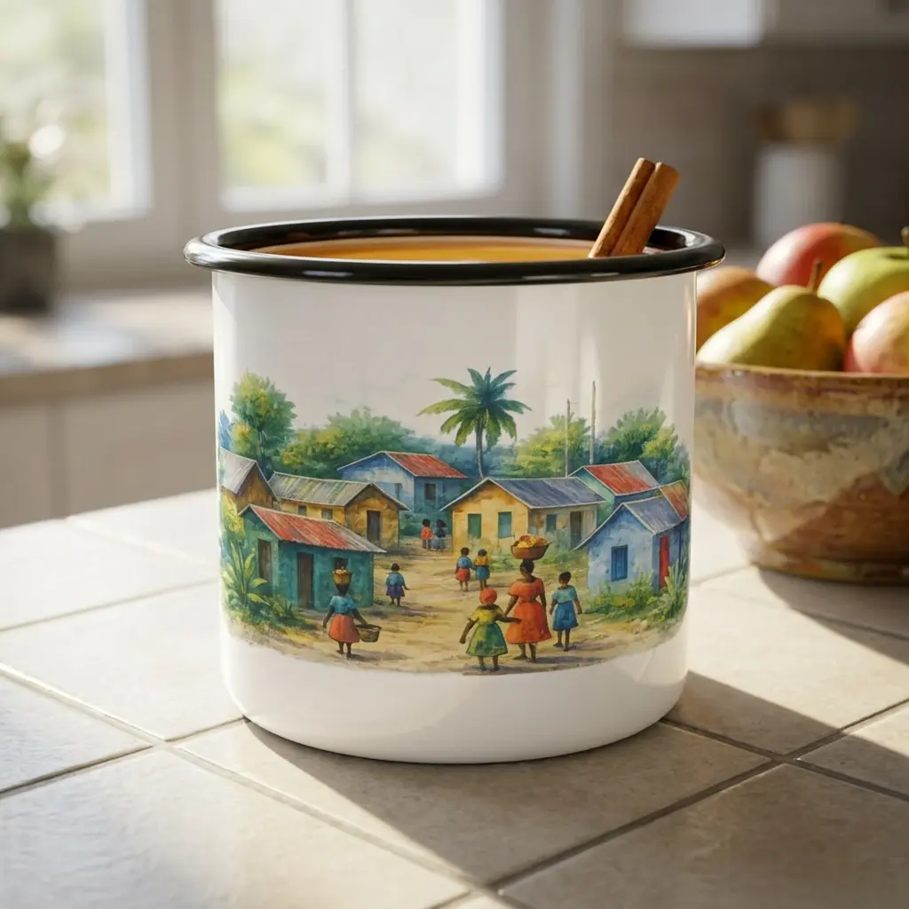 Vintage Enamel Mug with Caribbean Village Scene, 12 oz Durable Steel Camp Cup with Glossy Finish for Outdoor Use, Dishwasher Safe, Tropical, Enamel On Cold-Rolled Steel, One-Size, Portable