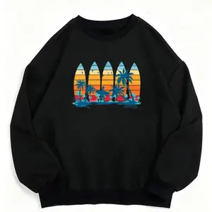 Vintage Style Surfboard Sweatshirt with Sunset and Palm Tree for Surf Lovers