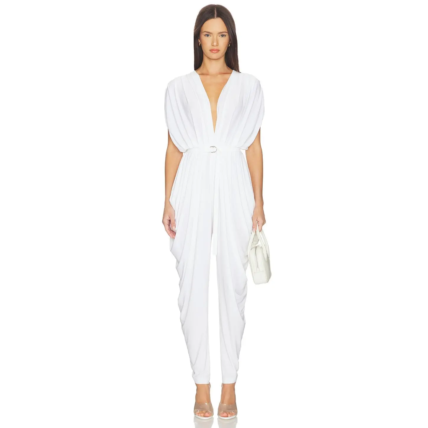 Norma Kamali Square Sleeve Waterfall Jumpsuit in Snow White