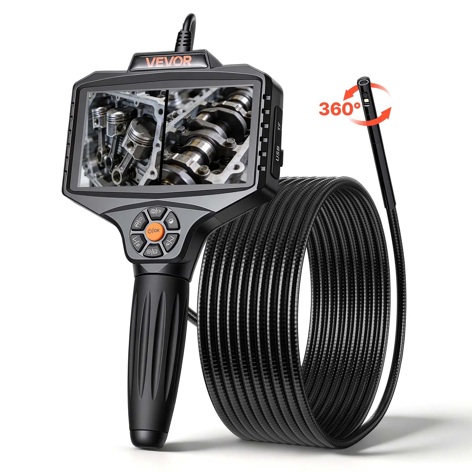 VEVOR Handheld 1080P HD Industrial Borescope Inspection Camera, 5-inch Dualview Split/5" HD Split-Screen Mechanic Tool with 360° Motorized Rotation, 0.32-inch Slim Lens, 16.4 ft Rigid Cable, Built-in Lights, 5000mAh Batteries for Automotive Checks
