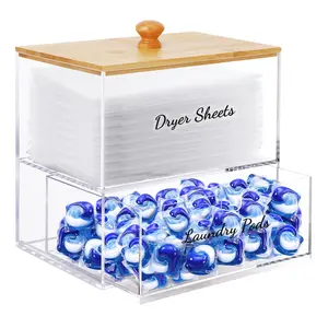 Acrylic Dryer Sheet Holder with Drawer and Bamboo Lid, Clear Laundry Room Organization and Storage，Dryer Sheet Laundry Pods Containter Box for Laundry Room Décor