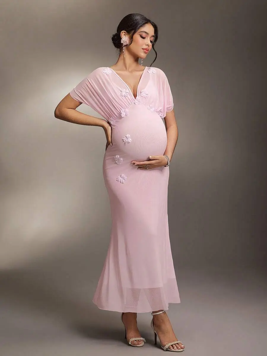 LAFERLIN Maternity Maternity Photoshoot Dress With Ruffle Sleeves, V-Neck, 3D Floral Design, Fitted Waist, Double Layer Long Dress