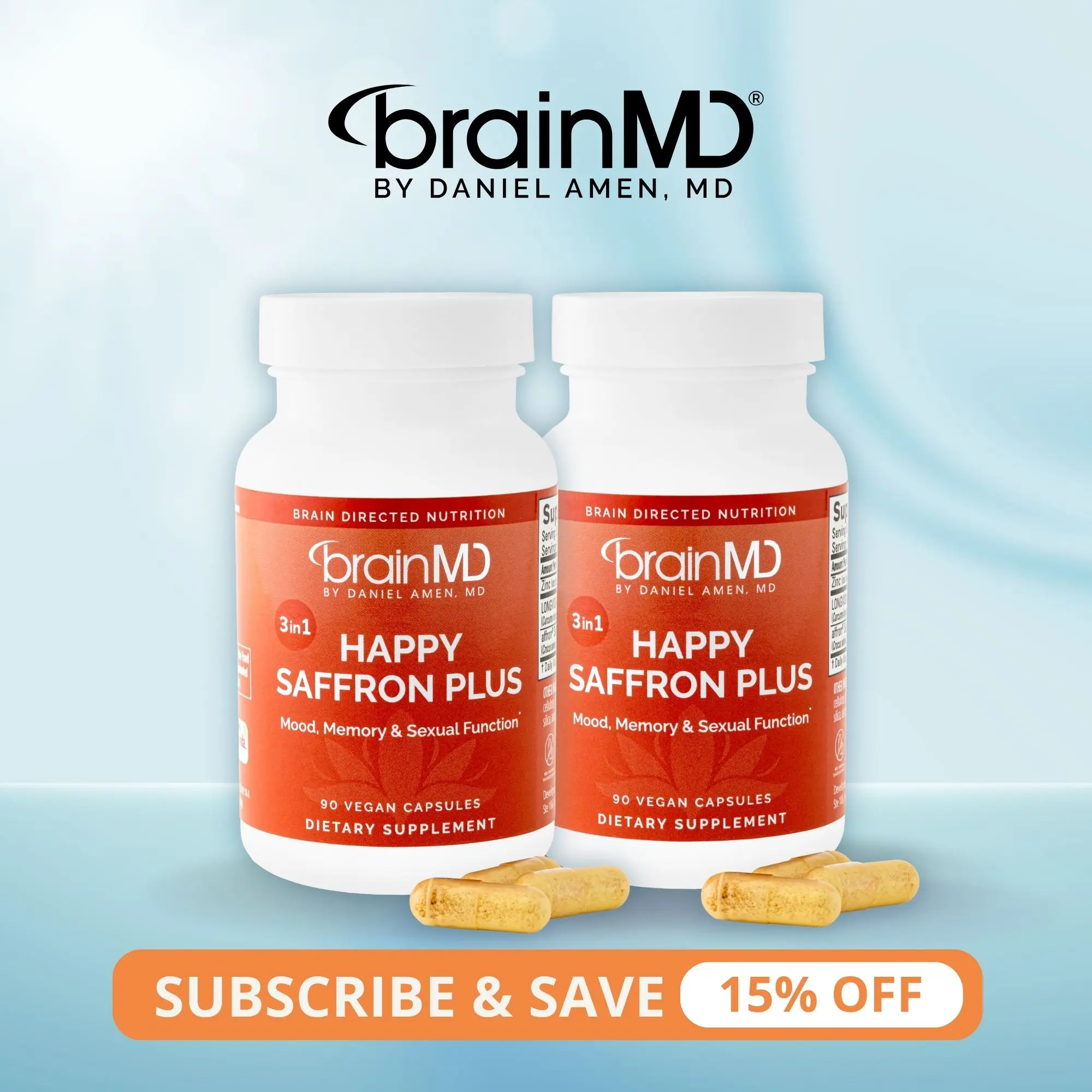 Happy Saffron Plus 2-Pack | BrainMD | 180 Capsules (2 x 90) | Mood & Stress Support | Memory, Focus & Libido Support | Affron Saffron Extract with Curcumin & Zinc