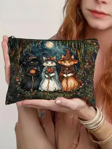 1pc Retro Night Cat Wizard Makeup Bag Double-Sided Printed, Durable & Foldable Travel Storage Whimsical Halloween Design Pouch