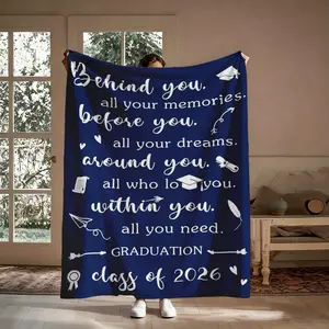 Class of 2026 Navy Flannel Throw Blanket - Personalized Custom Graphic Letter Embroidery College Blanket, Inspirational Grad Quote, Cap & Diploma Doodles, Soft Cozy Warm, for Couch & Bed, Graduation Gift Keepsake Decor, Personalized Blankets, Custom Graph