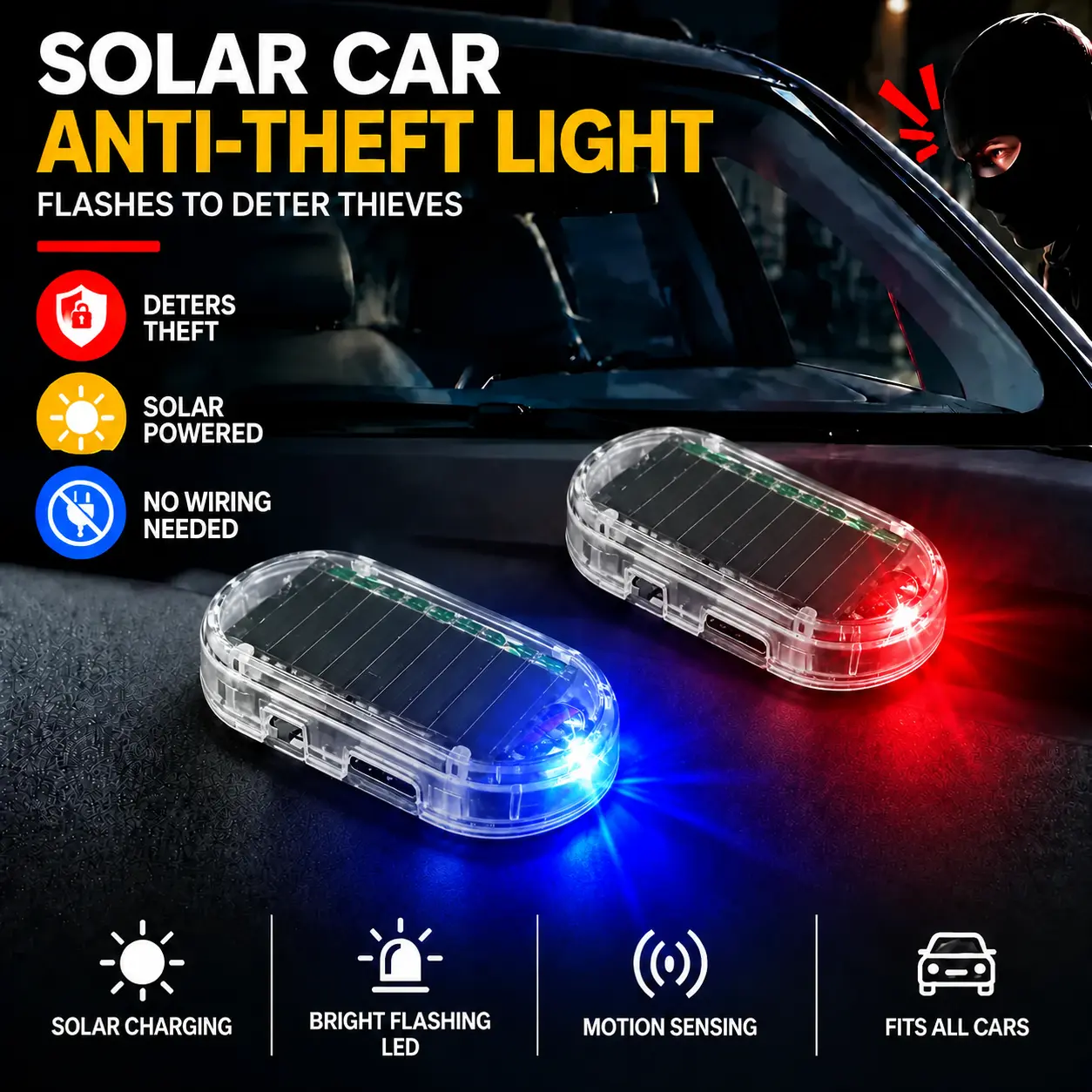 Solar Powered Fake Car Alarm Light,  Plastic Material Auto Light Sensor LED Simulated Security Warning Flashing Light, No Wiring DIY Car Anti-Theft Dummy Alarm Lamp