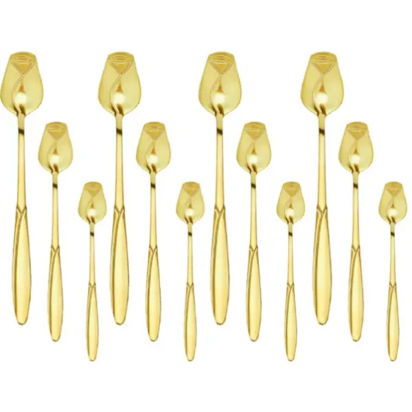 12Pcs Gold Rose Tea Spoons(5.12 in, 5.91in, 6.69in) - Stainless Steel Tea Stirring Spoons with Elegant Rose Design, Ideal for Tea, Coffee and Desserts campingessentials