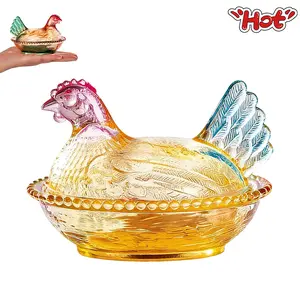Hen on Nest Glass Dish Crystal Glasses Candy Dish with Lid Hen-Shaped Chicken Pastoral Candy Bowl with Lids Plate Retro Bowl Jar for Home Office Tabletop Decor Kitchen Candy Jars