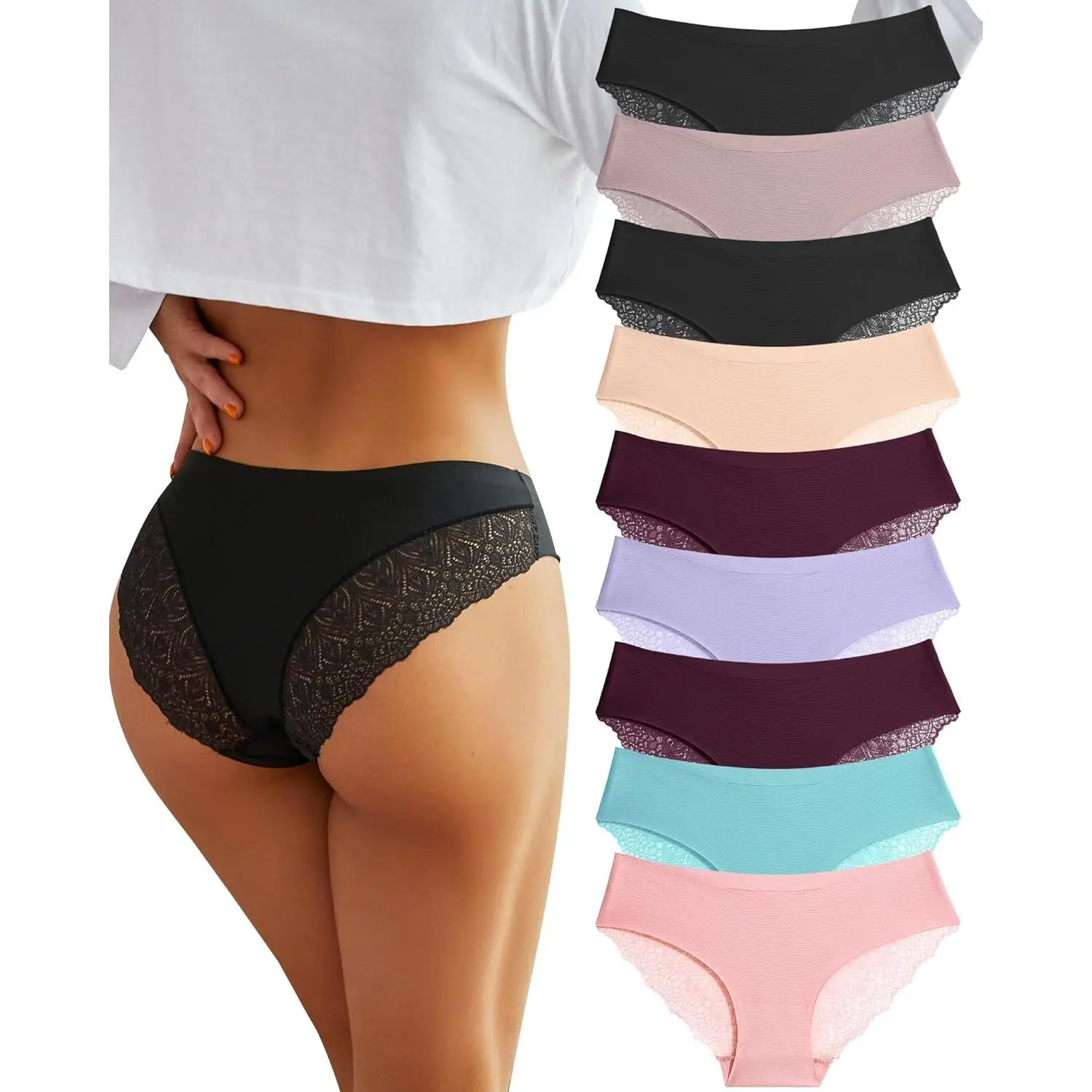 Women's High-Waist Lace Cheeky Briefs - Seamless Breathable Knit No-Show Panties, Elegant Minimalist Bridal Lingerie, Lady Multi-Size Colour 1-9 Pack, Black&Red&Pink&Dark Blue&Silver Gray&Kha, High Waist Brief, Multi-Size Pack, Seamless Edges