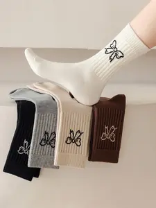 Women's Bow Pattern Comfortable Breathable Mid-Calf Casual Daily Socks, 5 Pairs, Casual Fitted Design, All Seasons, Organic Textile