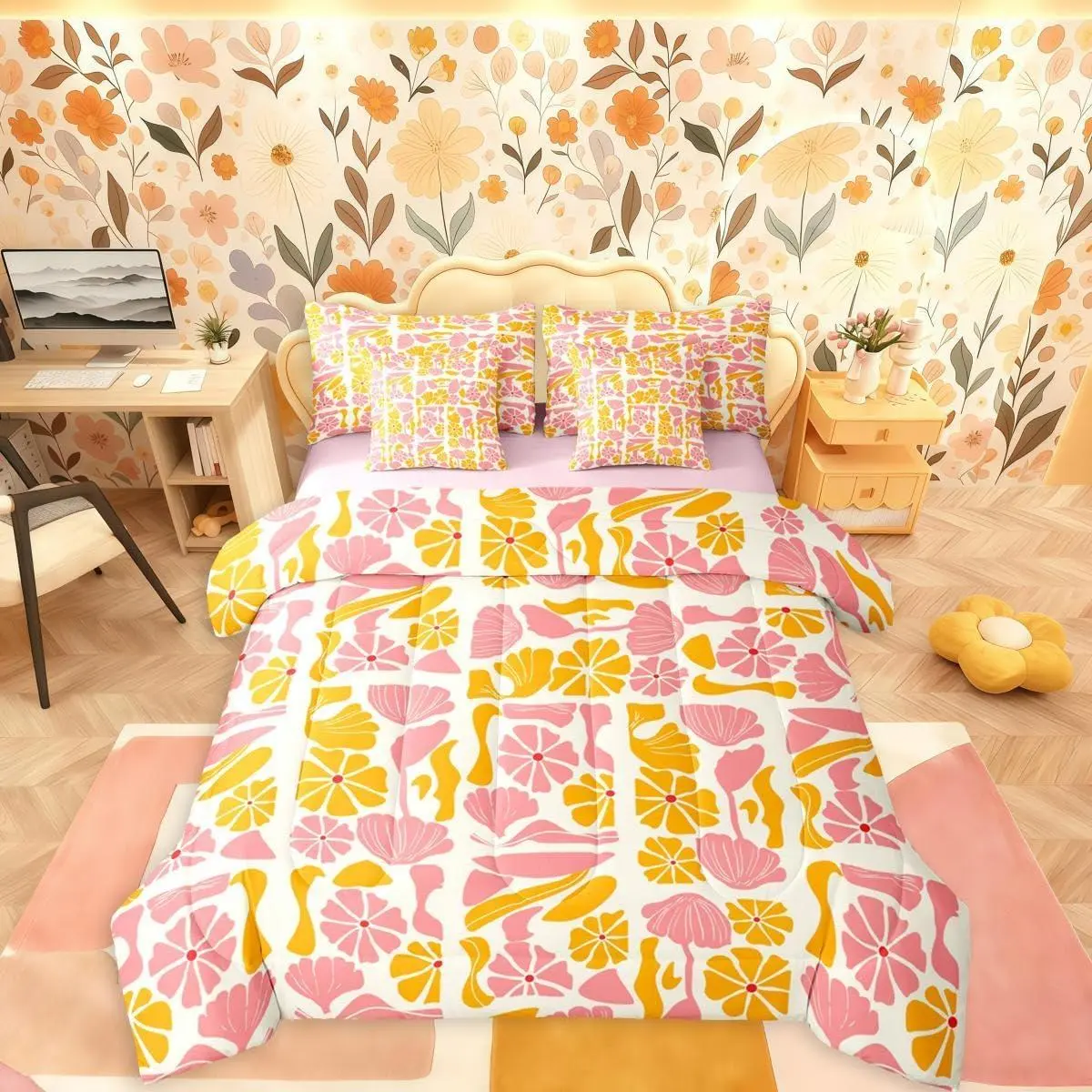 Feelyou Queen Size 7-Piece Machine Washable Multi-Size Bedding Set - Breathable Linen Bed-in-A-Bag with Orange Pink Comforter, Boho Abstract Colorful Retro Groovy Vintage Flower Botanical Geometric Sheets, Comforter Queen Size