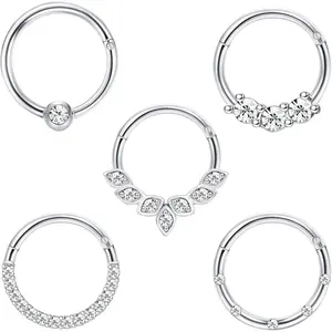 5PCS Daith Earrings 16G Stainless Steel Cartilage Helix Tragus Nose Hoop Piercing Jewelry 8MM 10mm Silver Gold Rose Gold Black Plated CZ Hinged Septum Clicker Rings