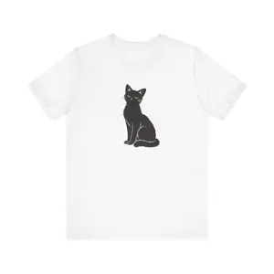 Men's cat lover, pet-themed apparel Graphic T-Shirt - Short Sleeve Crew Neck Regular Fit Casual Wear | Soft & Breathable Fabric, Durable Print, Everyday Comfort, Machine Washable, minimalist illustration simple and clean design featuring a sitting black
