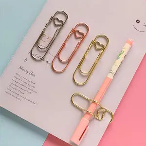 1 Box 6Pcs 3 Colors Heart Pen Clip Metal Pencil Clips Multifunctional Rose Gold Silver Carbon Steel Paperclip Fastener Clip Portable Large Size Holder for Notebook Book Journal Office School Accessories Stationery