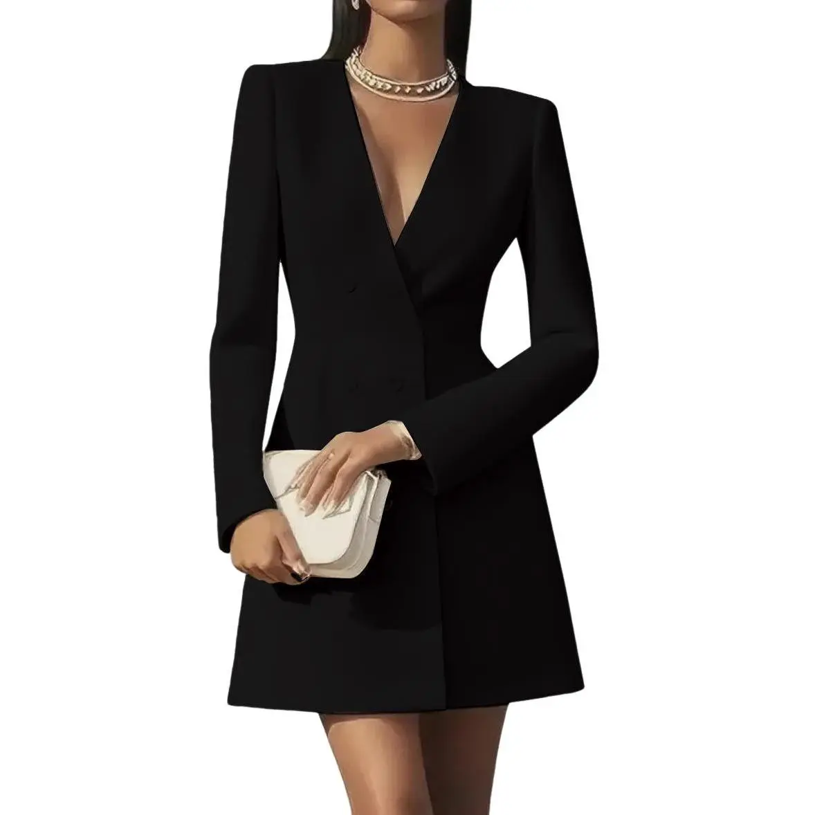100% Polyester Solid Color V-neck Double-breasted French Style Long Sleeve Blazer Dress for Women, In Stock Elegant Casual Formal Midi Dress, Fashion Office Daily Wear Ladies Dress, Soft & Breathable Fabric Chic Slim Fit Party Outfit