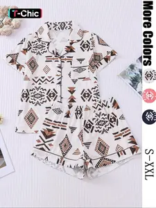 Women's Button Up Shirt & Shorts Pyjama, Casual Comfy Short Sleeve Top & Shorts PJ Set, Ladies Sleepwear for All Seasons, Loungewear, Pajamas