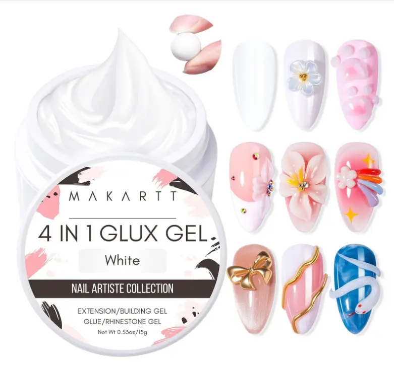 Makartt White 3d Gel Nail Art: 4-in-1 Glux Gel | White Sculpting Gels Non-sticky, Extension, Shaping, Molding, Strengthen, Sculpture, Salon Home Professional Use