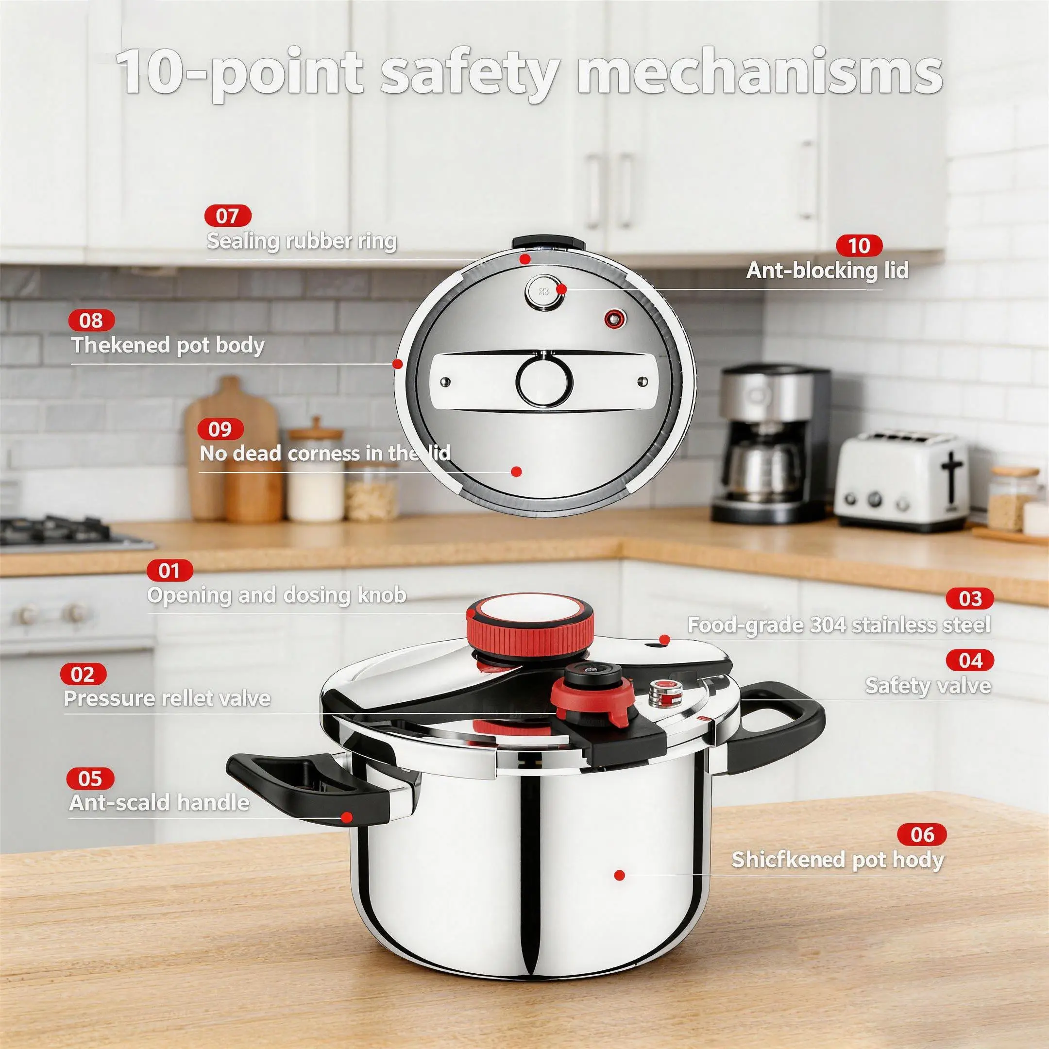 8 QT Sturdy Thick Food-Grade Stainless Steel Pressure Cooker (Pressure Pot), Easy 1-Hand Lock Lid, Fast Cooking, Induction-Ready Kitchen Cookware with Handles for Meal Prep