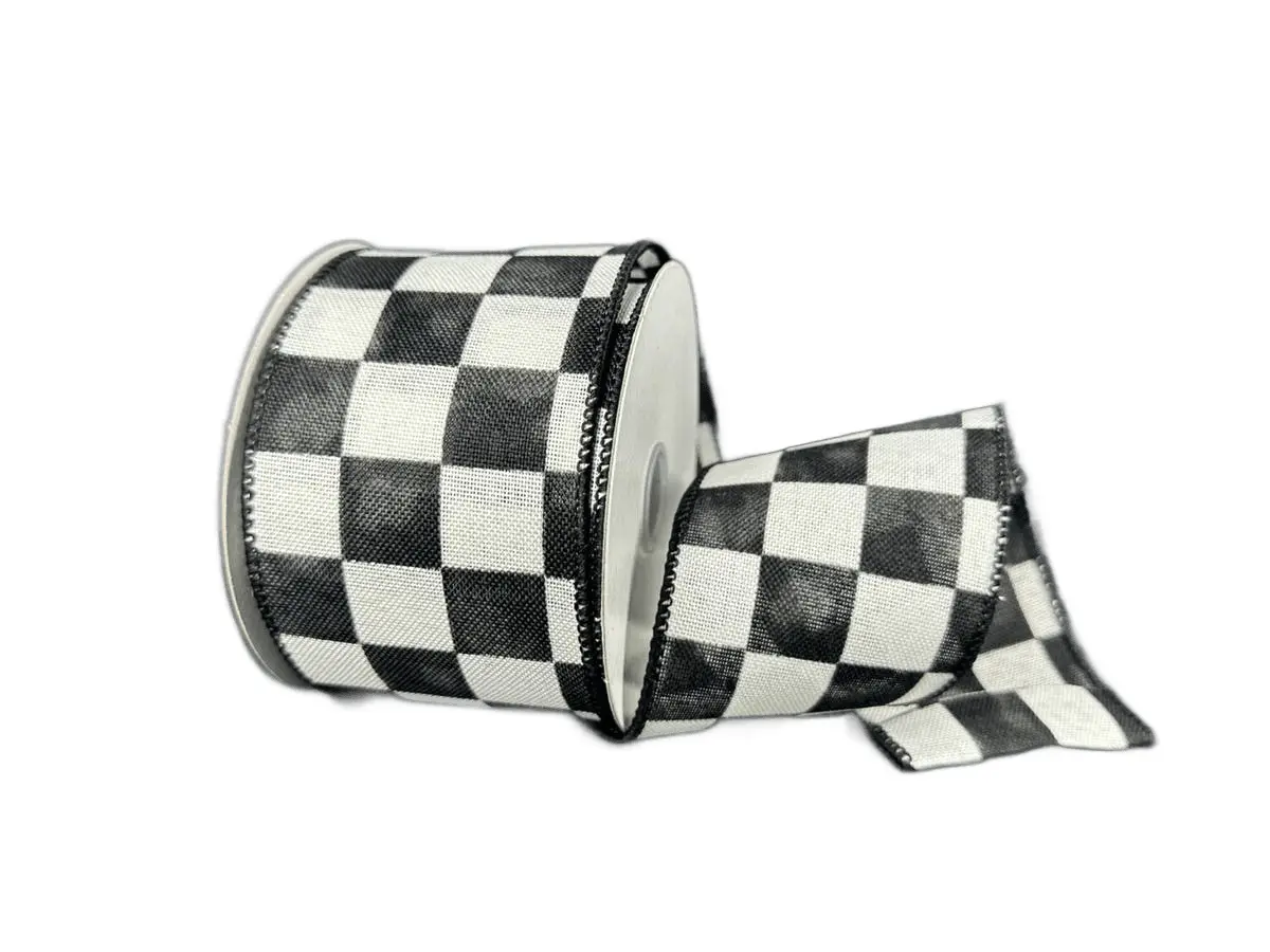 2.5" Ivory Linen Ribbon with Black Watercolor Checks – 10 Yard Roll
