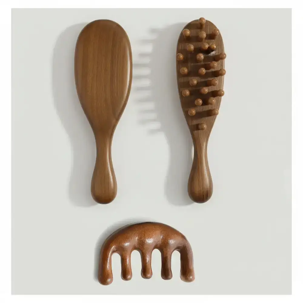 Wooden Scalp Massage Comb Set, 2pcs Brown Wide-tooth and Round Tip Combs for Hair Care and Styling Brush Comb Type