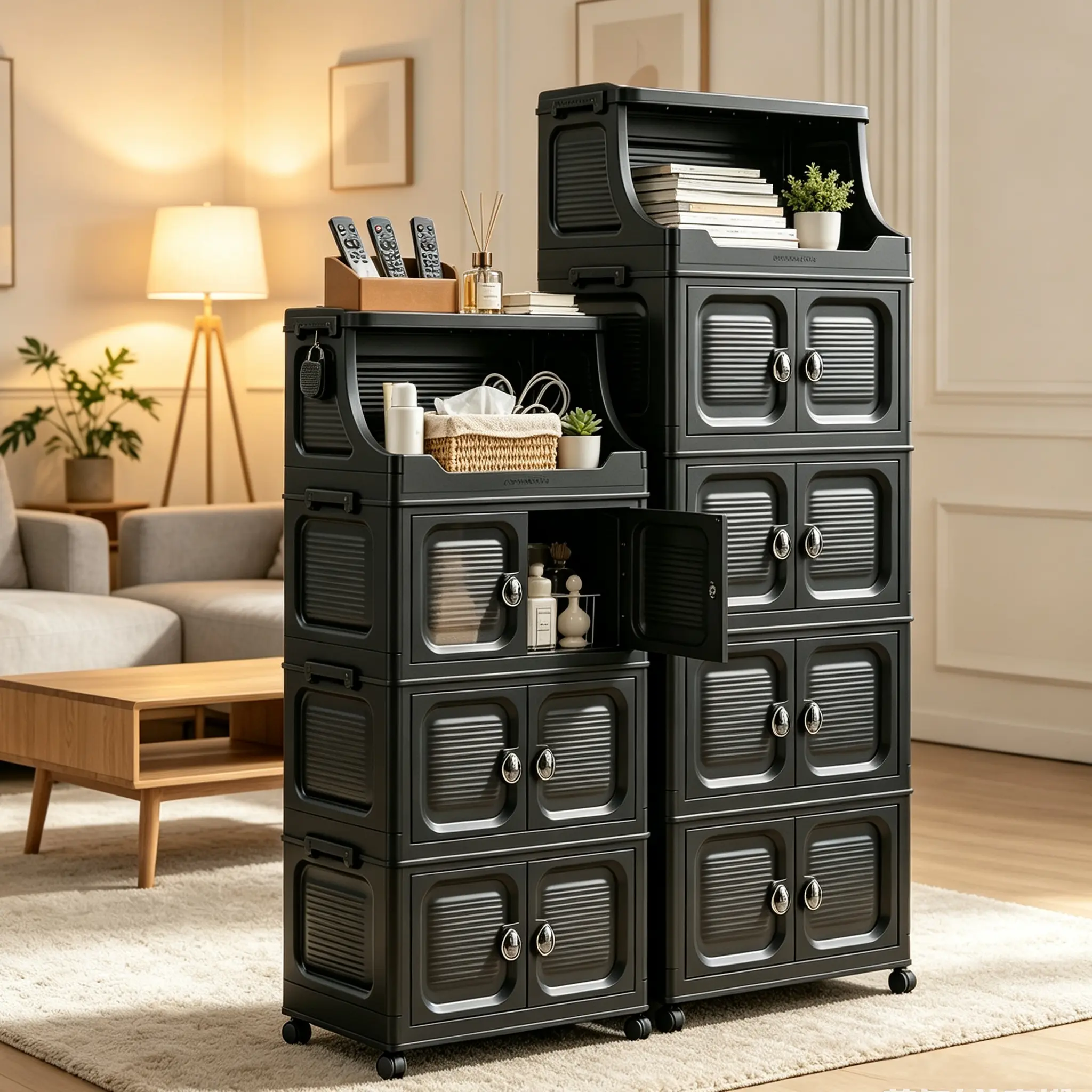 Easy Assembly Foldable Large Capacity Storage Cabinet with Doors & Wheels, 2-6 Tier Stackable Rolling Storage Bins, Dustproof Freestanding Plastic Closet Organizer, Space-Saving Multipurpose Storage for Bathroom, Bedroom, Kitchen Pantry