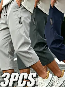 3 Pcs Men's Summer Quick-Dry Sporty Capri Pants, Lightweight Breathable Polyester, Fashion Casual Wear, Sweat-Resistant Fabric