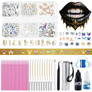 WATRZ 10-Digit Tooth Gem Kit with Gold Plated Numbers| 484PCS Crystal Rhinestones, 17 Shapes & 4 Colors| Professional DIY Teeth Jewelry Set for Sparkling Teeth Gems (Gold)