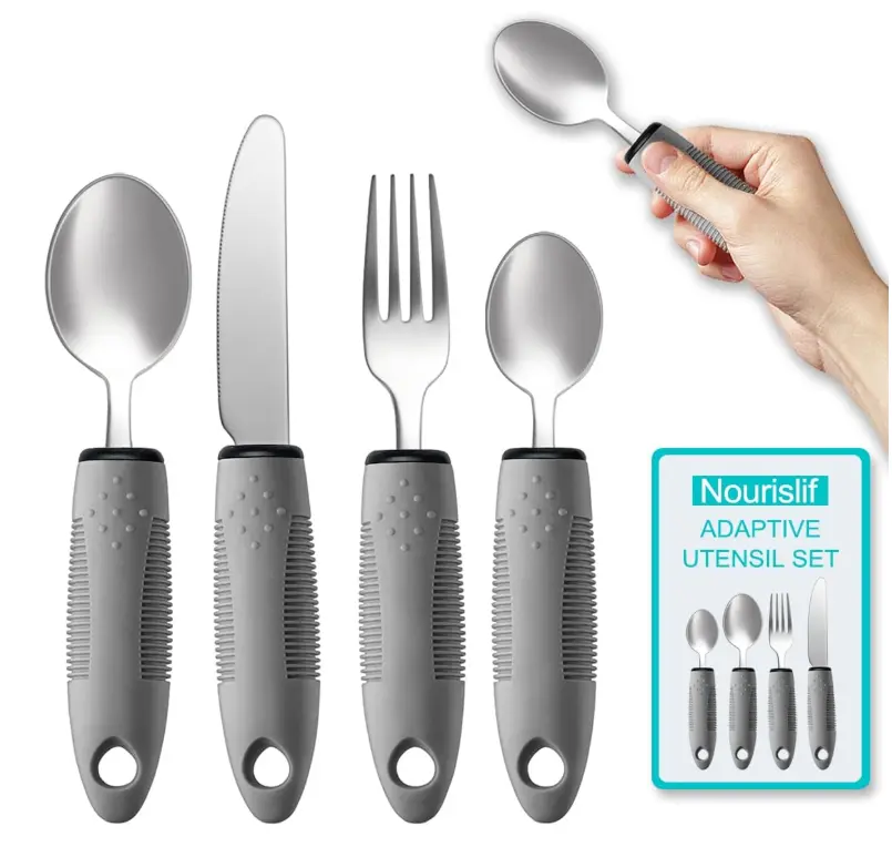 Nourislif Adaptive Utensils 4pcs For Hand Tremors,Elderly, Arthritis,Parkinsons-Built Up Utensils For Adults 2.5oz Each, Silverware Set With Handle, Flatware Cutlery Set For Seniors