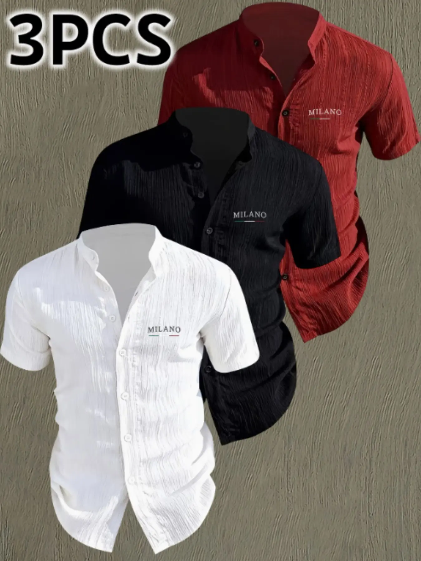 Men's Summer Short Sleeve Shirt Set, Milano Letter Print Casual Comfy Collared Button-Up Top, Breathable Solid Color Stand Collar, Beach Vacation Pool Party