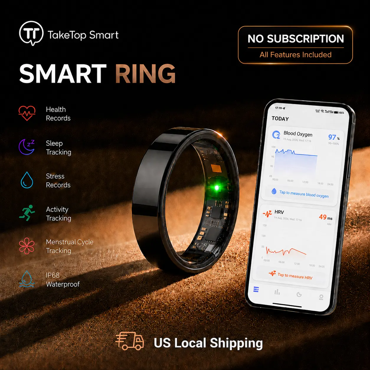Compact Smart Ring Health & Fitness Tracker - Wearable Bluetooth Sleep Monitor with Heart Rate, SpO2, HRV, 5-7 Day Battery, 5ATM Water Resistance, Steel+Resin Build, No Subscription, iOS/Android Compatible