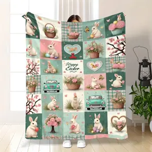 Easter Bunny Flannel Fleece Throw Blanket | Soft 280gsm Lightweight Polyester, Pastel Spring Floral Print with Rabbits & Chicks, Cozy All-Season Bedspread or Couch Cover Gift