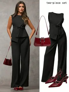 Women's Solid Color Sleeveless Blazer and Pants Set, Elegant Commuter Wear, Comfortable Front Button Design, Asymmetrical Details, Versatile Year-Round Clothing | Modern Casual Wear | Women's Summer Casual Solid Color Asymmetrical Hem Tank Top and Pants S