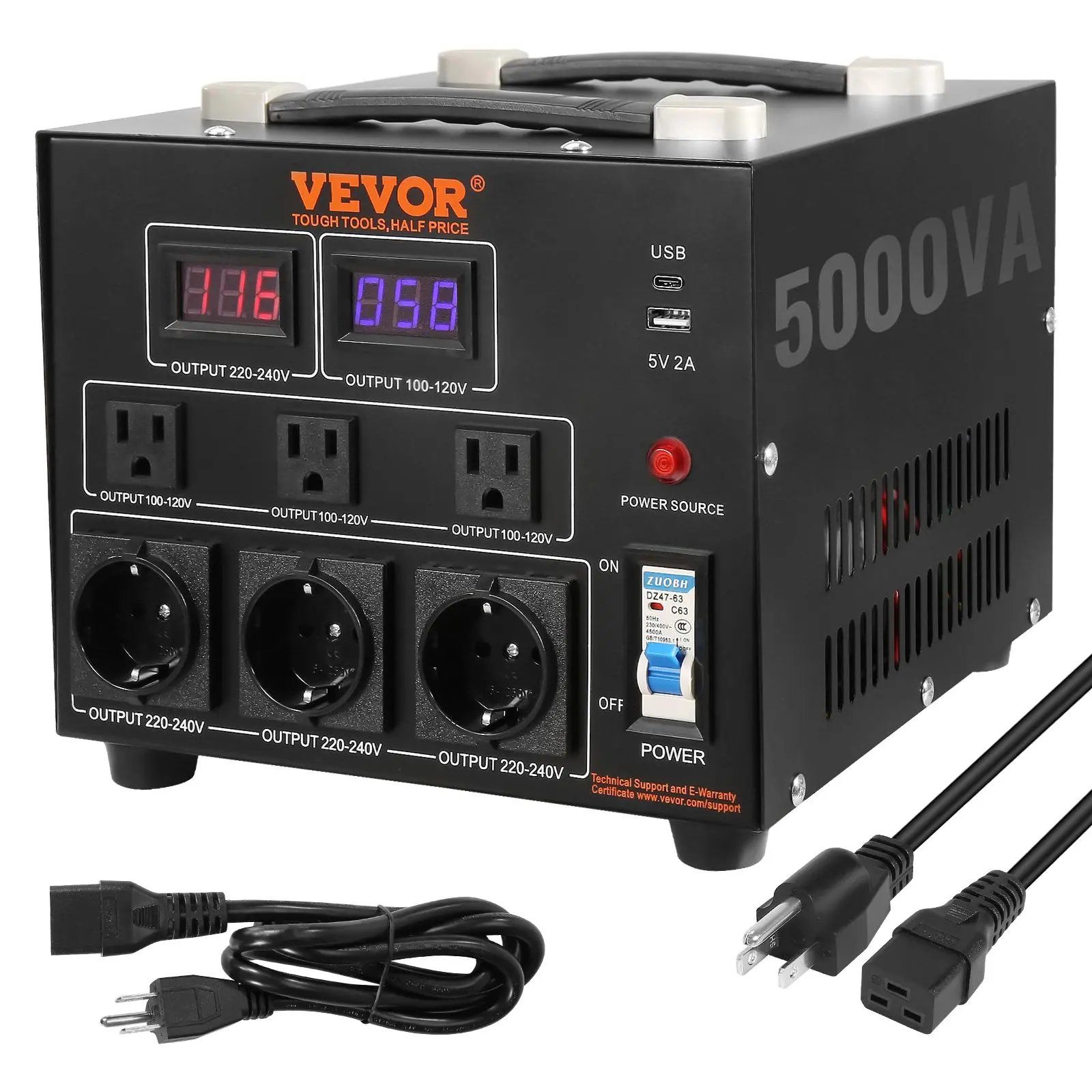 【summerfinds】VEVOR Voltage Converter Transformer, 5000W,Not for EV Charging， Heavy Duty Step Up/Down Transformer, Convert from 110 Volt to 220 Volt and from 220 Volt to 110 Volt, with US Outlet EU Outlet 5V USB Port, CE Certified