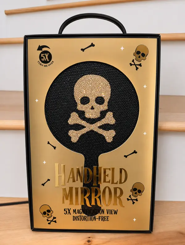 BLACK BLING GOLD SKULL 5X HANDHELD MIRROR