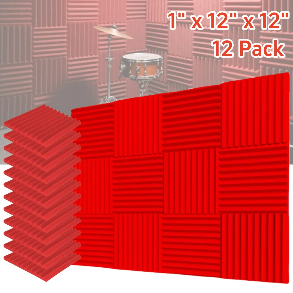 12 Pack 1" x 12" x 12" Red Acoustic Foam Panels Set, Wedges Tiles Fireproof Soundproof Foam, Sound Absorbing Noise Cancelling Panels for Recording Studios, Home, Offices Walls Ceiling, Gaming Room