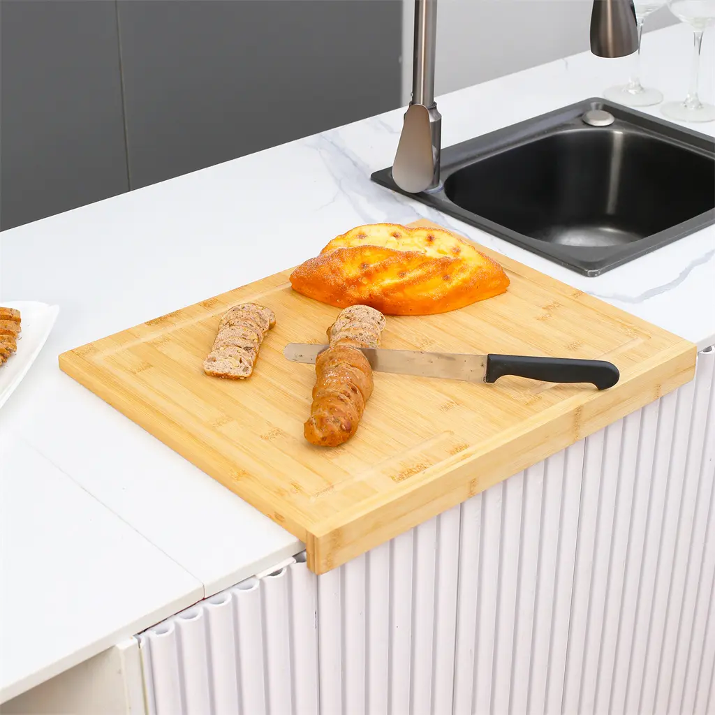 Large Bamboo Counter-Edge Cutting Board, Non-Slip Counter Lip Chopping Board with Deep Juice Groove for Meat, Fruit & Veggie Prep, Bamboo Cutting Board With Lip Large Chopping Blocks Wooden Cutting Chopping Kneading Board for Counter Table Top