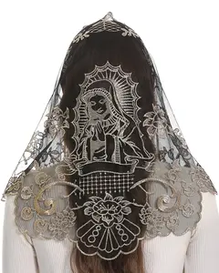 Bozidol Triangle Spanish Catholic Chapel Veil Traditional Church Mass Mantilla Head Covering Prayer Lace Scarf (Black-Gold)