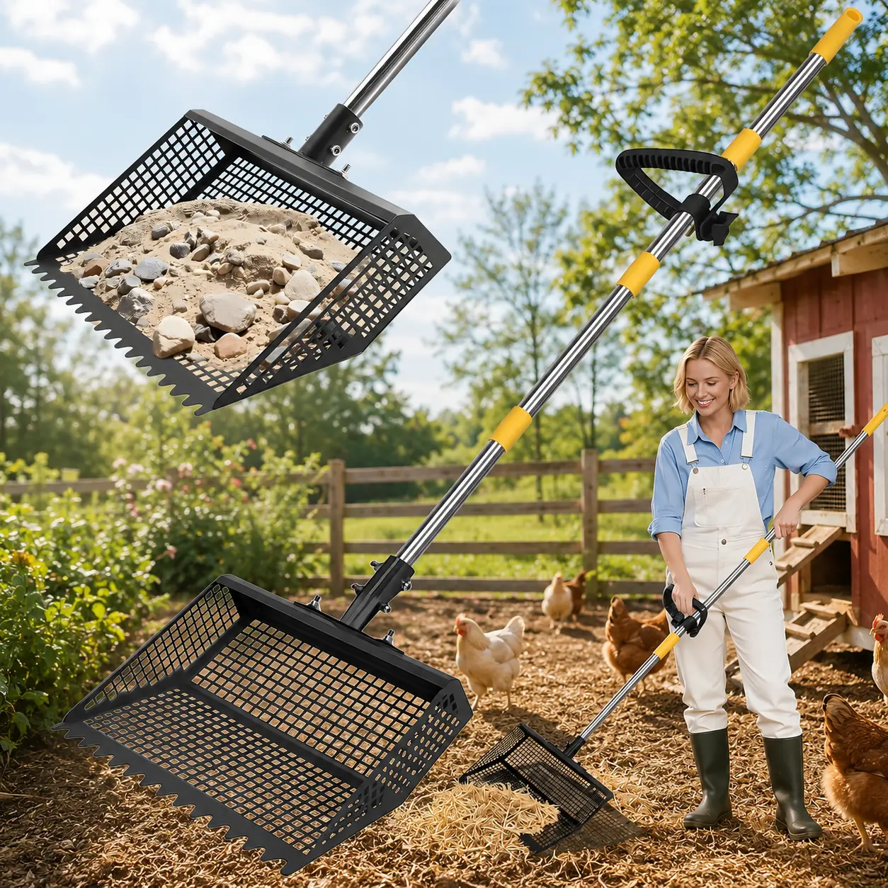 2-in-1 Chicken Poop Scooper & Rake, Heavy Duty Coop Cleaning Tool with 26"-76" Adjustable Stainless Steel Handle, Sand Sifting Litter Shovel for Chicken Coop, Farm & Pet Waste Removal