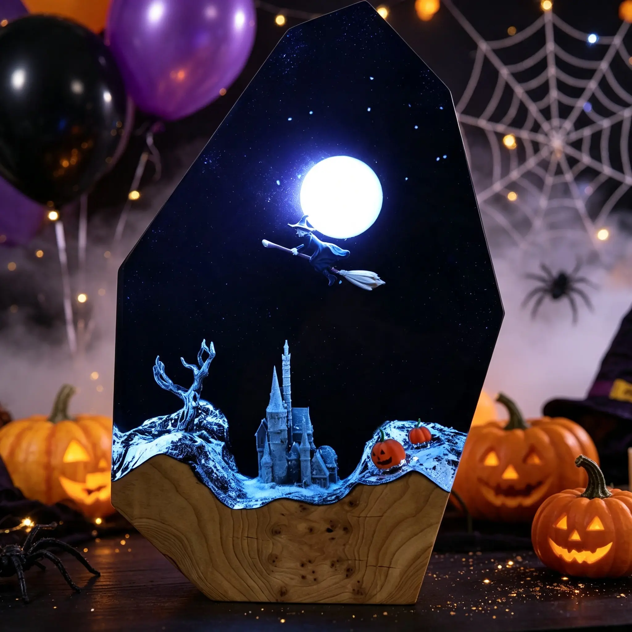 Handcrafted resin “Moonlight Witch” lamp featuring a flying witch’s broom—creative decor, USB-powered LED tabletop art piece, creative home ornament suitable for bedroom placement, an excellent Halloween gift for friends and family.