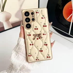 Three dimensional ripple bow cherry, Cellphone, suitable for Samsung Galaxy S26 S25 S24 S23Ultra/S23Plus women's romantic style leather shock resistant durable small fragrance protective case Cover