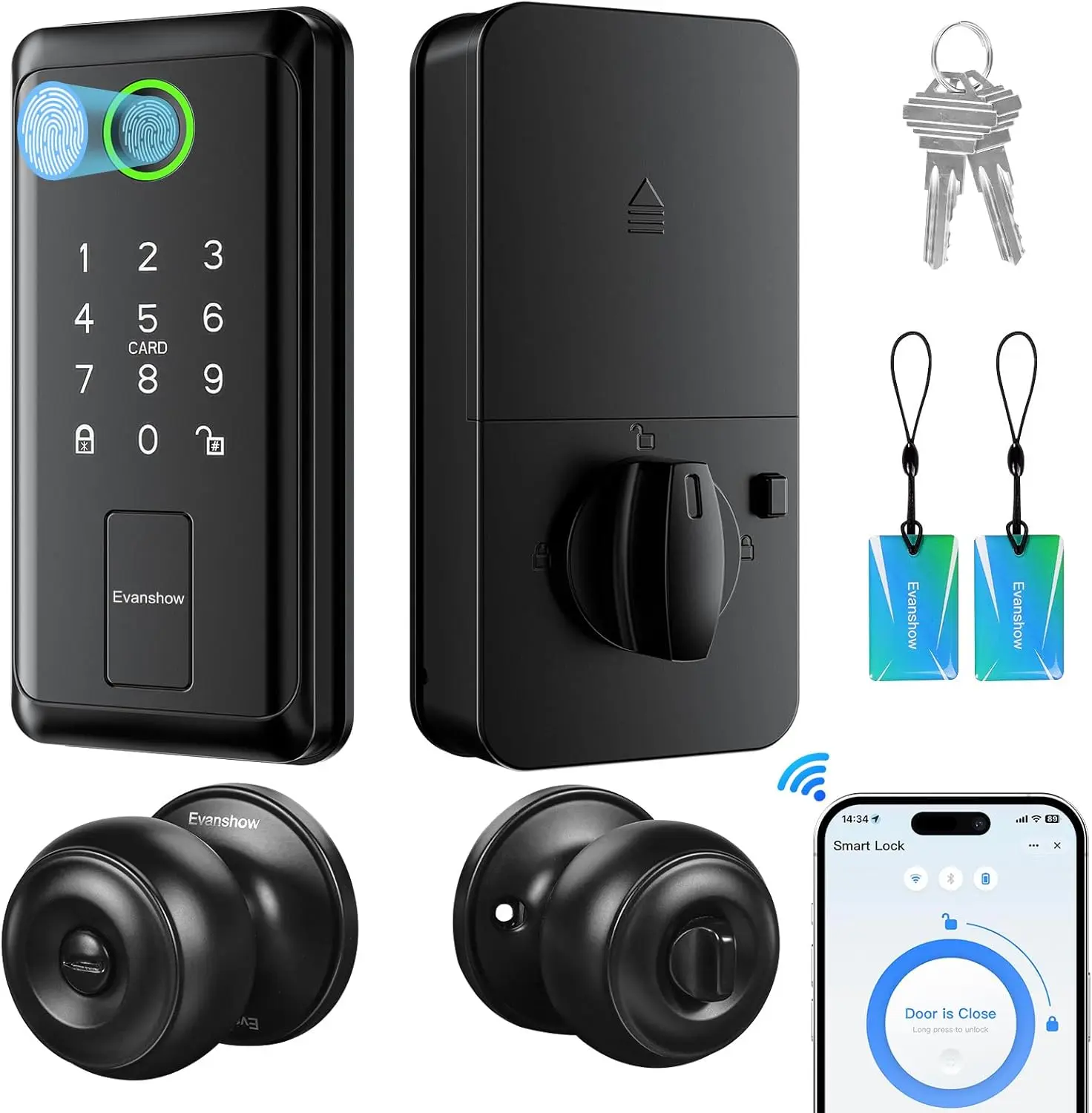 Evanshow Smart Front Door Lock Set, WiFi Keyless Entry Deadbolt with Fingerprint, Keypad, IC Card, App Control and Auto Lock